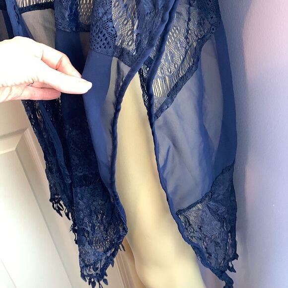 Designer Swimwear Lace Trim Cover-up Kimono Wrap M Navy - Picture 5 of 10